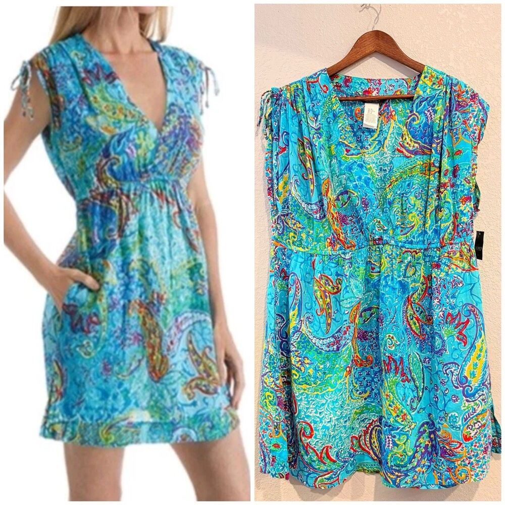 Lauren Ralph Lauren Blue Paisley Swim Coverup Plus Size 2X Pockets Beach Resort